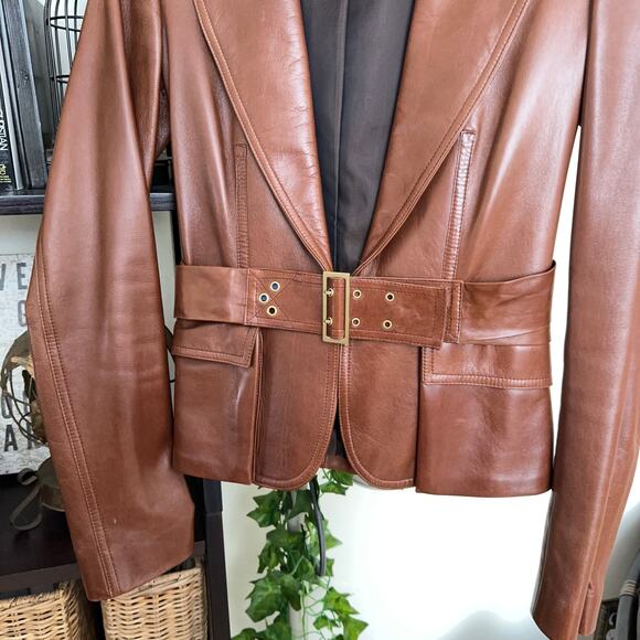 GUCCI 100% Leather Blazer Jacket Belted Cognac Brown Tan Camel IT 40/US S $5300 - Picture 4 of 9